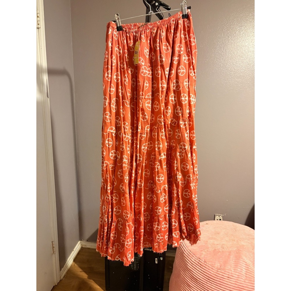 Raj - Orange , Lined, Boho Peace Sign Long Skirt - One Size - NWT